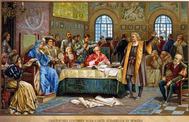 Christopher Columbus vid Isabella 1:a Spaniens hov, kallad katolik eller Kastilien. kromolitografi från 1800-talet.