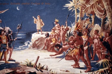 Christopher Columbus förutspår månförmörkelsen för indianerna. 1800-talets kromolitografi.