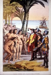 Christoffer Columbus landstigning på San Salvador (Bahamas) den 12/10/1492: De första indianerna visade sig för Columbus. Gravyr, 1850.