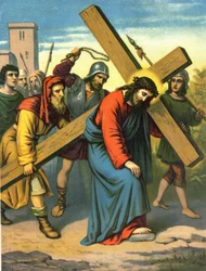 Kromolitografi från slutet av 1800-talet som skildrar Kristi liv: Jesus bär sitt kors.