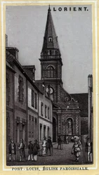 Kyrkan i Port Louis (Port Louis) Pays de Lorient, Morbihan, Bretagne. Kromolitografi från slutet av 1800-talet.