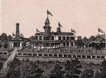 Cincinnati, USA: utsikt över Highland House. i "" Världen illustrerar 168 vyer"" Odaterat (slutet av 1800-talet)