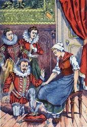 Askungen provar toffeln. Anonym illustration för "" Askungen", berättelse av Charles Perrault (1628-1703), fransk författare. Bildmaterial Marcel Vagne, Jarville Nancy, odaterat (slutet av 1800-talet).