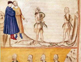 Circle of Thieves: Vanni Fucci (1200-talet) förutspådde för Dante och Virgil de vita gulfarnas nederlag. Upplyst sida som illustrerar den 24:e helvetets sång hämtar från "Divina Commedia" av Dante Alighieri (1265-1321). 1300-talet, Venedig, Bibliotec
