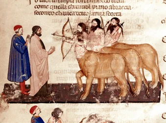 Circle of Violents: Dante och Vergilius möter kentaurernas vapen med båge och pilar. Upplyst sida som illustrerar den sjunde sången från helvetet från "Divina Commedia" av Dante Alighieri (1265-1321). 1300-talet, Venedig, Biblioteca Marciana