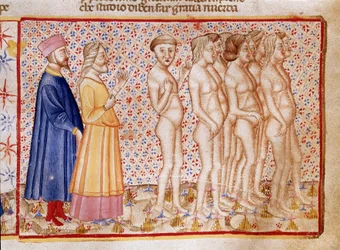 Cirkel av våld mot Gud, natur och konst: Dante och Vergilius möter hädare. Upplyst sida som illustrerar en helveteslåt hämtar från "Divina Commedia" av Dante Alighieri (1265-1321). 1300-talet, Venedig, Biblioteca Marciana