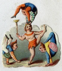 Cirkus: kontorsionister och balansörer som utför ett nummer.