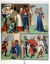 Civila dräkter under medeltiden från 1300- till 1400-talet. I "Den historiska kostymen" av A. Racquet