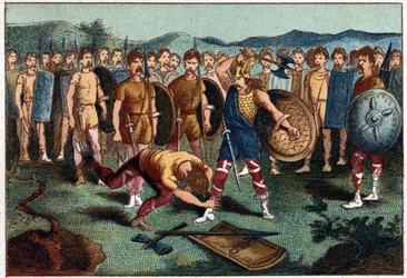 Clovis (465-511) och den frankiske krigaren som krossade vasen från Soissons år 486 - Clovis I slår ner soldaten som hade krossat vasen från Soissons år 486. Kromolitografi från 1800-talet.