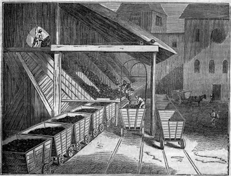 Kolgruva: kol, utvunnet ur gruvan, lastas ombord på vagnar mot gjuterier, tåg och fartyg. I "" Den pittoreska butiken"" 1835