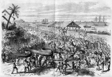 Cochinchine: årlig draktåg organiserad av församlingen i Saigon 1865.