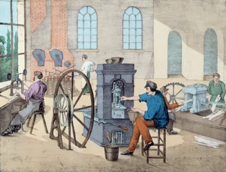 Mynttillverkning: arbetare som arbetar i en fabrik i olika skeden, gjuter och gjuter mynt. Gravyr av 1800-talets Paris, dekorativ konst