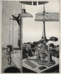 Mynt: London Mints ångbalans. Gravyr från 1885 i "" Les arts et metiers illustres"" av Adolphe BITARD.