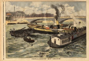 Kollision på Seine mellan en engelsk ångbåt och en omnibus peniche i Paris, i höjd med den kungliga bron. Gravyr i "" Le petit journal"" 1897-02-07. Selva samling.