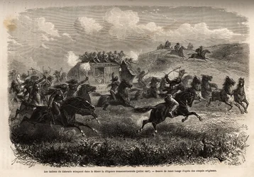 Coloradoindianer attackerade transkontinental flit i öknen i juli 1867. Gravyr för att illustrera resan till amerikanska fjärran västern, av M. L. Simonin, 1867, publicerad i "Le tour du monde, nouveau journal des voyages", redigerad av Edouard Chart