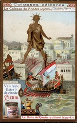 Berömd koloss: Kolossen på Rhodos (Apollon, Helios) (höjd 32 meter), skulptören Chares från Lindos (400-talet f.Kr.); Rhodos flotta lämnar hamnen (Grekland) - Liebig-kromolitografi