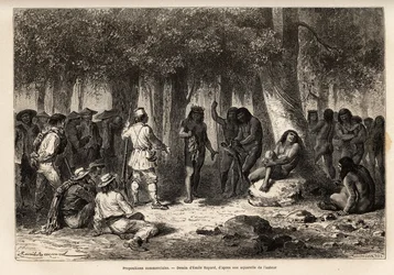 Kommersiella förslag mellan Siriniris-indianerna och expeditionens medlemmar, organisering av utbyte av knivar och nålar mot fjädrar av fåglar uppträdda på en kvist av vinstockar och aras, i byn Huatinmio, belägen i bilens höjder