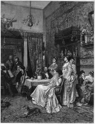 Konsert av amatörer i en konstnärs studio. Reproduktion av en målning av Adrien Moreau (1843-1906) presenterad på Salon de 1873.
