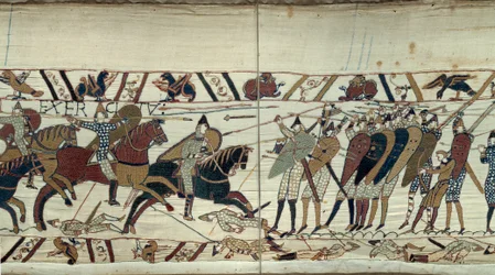 Erövra England av Vilhelm Erövraren (1027-1087) 1066, stridsscen mellan det normandiska kavalleriet som laddar det sachsiska infanteriet av kung Harold II av England Detalj av Bayeuxtapet eller broderi av drottning Mathilde