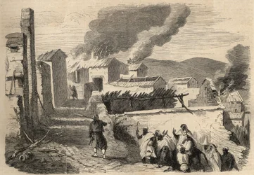 Erövringen av Algeriet: expeditionen till Stora Kabylien 1857. Beni Yennis underkastelse efter en teckning av herr Ameller, bataljonschef vid 1:a zouavregementet. Gravyr i "Le Monde illustré" från 1857. Privatsamling.