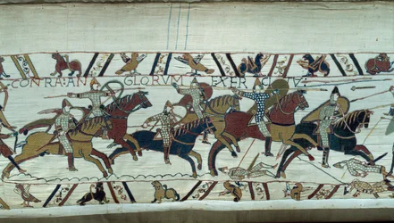 Erövring av England av hertigen av Normandie Vilhelm Erövraren (1027-1087) 1066: det normandiska kavalleriet anföll vid slaget vid Hastings. Detalj av tapeten av Bayeux eller broderi av drottning Mathilde