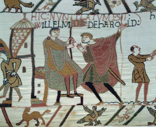 Erövring av England av hertigen av Normandie Vilhelm Erövraren (1027-1087) 1066: en utkiksplats rapporterar fakta om Harold II till William vid slaget vid Hastings. Detalj av Bayeuxtapet eller broderi av drottning Mathilde