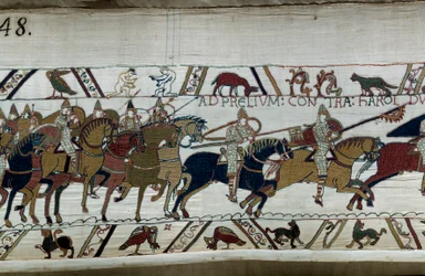 Erövring av England av den normandiske hertigen Vilhelm Erövraren (1027-1087) 1066: hans armé avancerar mot Harold II a Hastings.