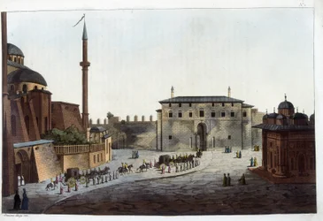 Konstantinopel: Serails dörr. Soliman den store var den första som bar hela sin innergård och harem till den förutom de som hade levt med hans föregångare. I "" Le costume ancien et moderne