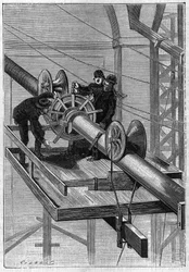 Konstruktion av Brooklyn Bridge i New York: Maskin som används för att täcka de 19 sekundära kablarna med spiral ståltråd till en enda kabel. Gravyr från 1883.