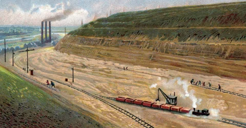 Byggandet av Albertkanalen på 1930-talet, som förbinder hamnen i Liege med hamnen i Antwerpen, Belgien (Grävning av Albertkanalen på 1930-talet (trettiotalet) mellan Antwerpen och Liege, Belgien) Kromolitografi