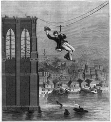 Konstruktion av Brooklyn Bridge i New York: Mr. Farrington, byggnadsmekaniker, flyttar från en hög till en annan med den första sträckta tråden (25 augusti)
