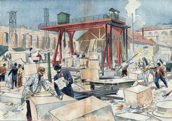 Byggandet av Grand Palais, i Paris 1898, med anledning av 1900 års världsutställning. I mitten, diamanthjulet för att skära skära skära stenar. Illustration i "" Le Pelerin"" den 3 juli
