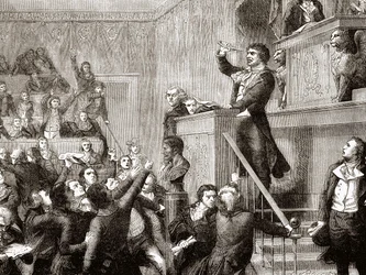 Konvention av 21 september 1792: Jean Paul Marat vid podiet - grav. i ""History of France"" av Hennri Martin