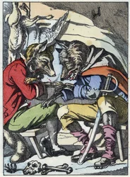Samtal mellan vargen och räven. Illustration av berättelsen "Compere le Loup, Maitre Renard, Comere la Chevre et ses petits biquets"" efter en fabel av Jean de la Fontaine. I "" Sagor från hemmet för de minsta"". Anonym gravyr av