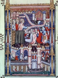 Parisians omvandling: på en bro i Paris, där guldsmedsbutiker finns, bryter parisarna idoler till guld. Miniatyr från manuskriptet "" Life of Saint Denis"" av Yves, munk av Saint-Denis