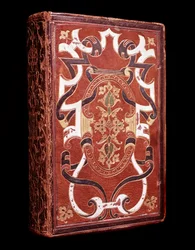 Kopia av Bibeln på latin tillhörande John Grolier de Servieres (1479-1565), tresorier och bibliofil, till den röda marockinbindningen (Bibel med Grolier bokbindning) Chantilly musee Conde