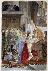 Kröningen av kejsar Otto I (912-973) genom påve Johannes XII år 962 - i "Histoire des papes" av Maurice La Châtre