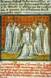 Hugo Capets kröning (987) genom Adalbero (ca. 925-990), ärkebiskop av Reims - illumination på veläng ur det medeltida manuskriptet "De stora krönikorna från Saint-Denis", sent 1300-tal (ref. 512)