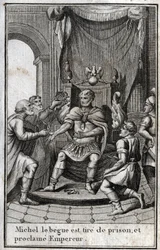 Kröningen av Mikael II från Amorion (den stammande) (770-829) till bysantinsk kejsare efter hans frigivning från fängelset år 820. Han är grundare av den amoriska dynastin. I ”Skönheter ur det sena kejsardömets historia”, redigerad av P. J. B. N. 1814.