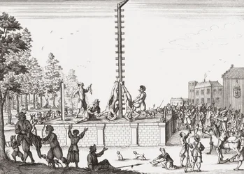 Lik av Johan och Cornelis de Witt hängande på galgar.