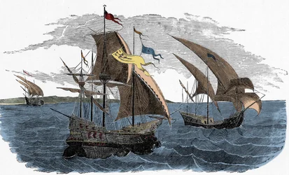 Cortez flotta seglar mot Mexiko - Spaniens kolonisering av Amerika: Hernán Cortés armada (omkring 1485-1547) seglar till Mexiko