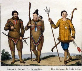 Kostym. Till vänster: Ett par grönlandseskimåer med sitt barn. Till höger: Labrador Eskimo. Litografi i början av 1800-talet