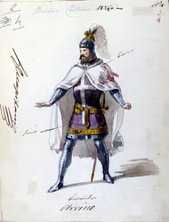 Kostym för operan "" I Lombardi"" eller "" Les Lombards à la première Crusade"" komponerad av Giuseppe Verdi (1813 - 1901) 1843. Anonym akvarellteckning. Alvino karaktär för föreställningen på Scala i Milano.
