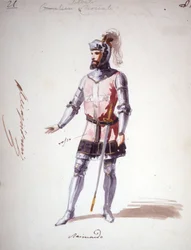 Kostym för operan "" I Lombardi"" eller "" Les Lombards à la première Crusade"" komponerad av Giuseppe Verdi (1813 - 1901) 1843. Anonym akvarellteckning. Karaktär av Raimondo för föreställningen på Scala i Milano.