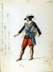 Kostym för karaktären Arrigo i operan "Giovanna de Guzman"" namn på den första representationen av den sicilianska Vepres (I vespri siciliani) komponerad av Giuseppe Verdi. Anonym kostym gjord för Scala-teatern i Milano 1856.