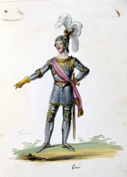 Kostym för karaktären Tancrede tecknar av Gironi för operan "Tancredi" "(Tancrede) av Gioacchino Rossini. 1813