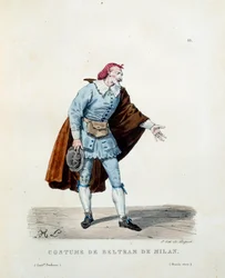 Dräkt av Niccolo Barbieri, känd som Beltrame av Milano (död 1641) 1600. Kostym av den italienska komedin (commedia dell