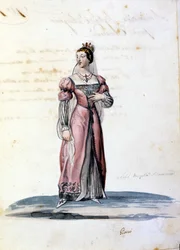 Dräkt av en ung dam av adeln i Syrakusa teckningar av Gironi för operan "Tancredi"" (Tancrede) av Gioacchino Rossini. 1813