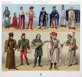 Dräkter och musiker under medeltiden från 1200-talet till 1400-talet. I "Den historiska dräkten" av A. Racquet
