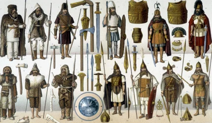 Kostymer, rustningar och vapen från barbariska krigare